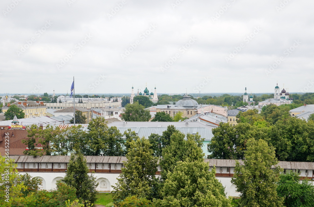 Yaroslavl, Russia - July 25, 2019: Summer view from the belfry of the Spaso-Preobrazhensky monastery on the city. Golden ring of Russia