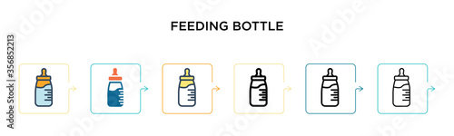 Feeding bottle vector icon in 6 different modern styles. Black, two colored feeding bottle icons designed in filled, outline, line and stroke style. Vector illustration can be used for web, mobile, ui
