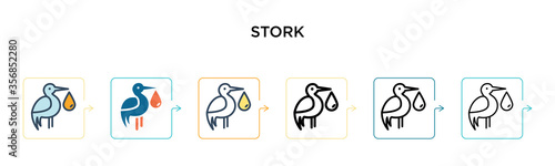 Stork vector icon in 6 different modern styles. Black, two colored stork icons designed in filled, outline, line and stroke style. Vector illustration can be used for web, mobile, ui
