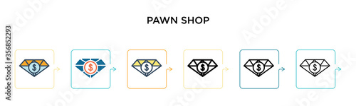 Pawn shop vector icon in 6 different modern styles. Black, two colored pawn shop icons designed in filled, outline, line and stroke style. Vector illustration can be used for web, mobile, ui