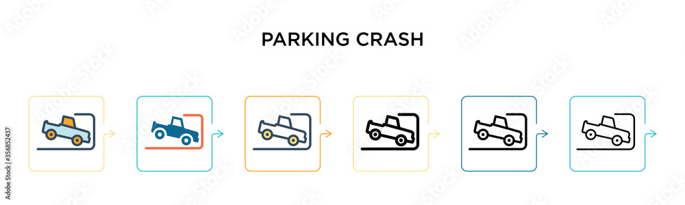 Parking crash vector icon in 6 different modern styles. Black, two colored parking crash icons designed in filled, outline, line and stroke style. Vector illustration can be used for web, mobile, ui