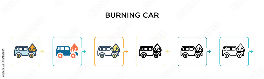 Burning car vector icon in 6 different modern styles. Black, two colored burning car icons designed in filled, outline, line and stroke style. Vector illustration can be used for web, mobile, ui Burning car vector icon in 6 different modern styles. Black, two colored burning car icons designed in filled, outline, line and stroke style. Vector illustration can be used for web, mobile, ui