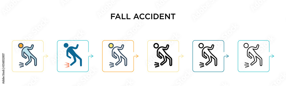 Naklejka premium Fall accident vector icon in 6 different modern styles. Black, two colored fall accident icons designed in filled, outline, line and stroke style. Vector illustration can be used for web, mobile, ui