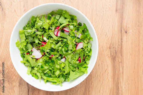 Salad with fresh radish slices  cucumbers and lettuce