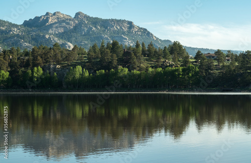 Reflective lake with trees and mountain