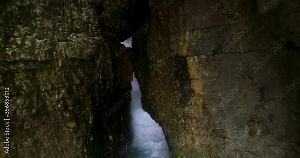 Spectacular flight towards Faqra river between two large stone narrow canyon walls, Lebanon, aerial approach Spectacular flight towards Faqra river between two large stone narrow canyon walls, Lebanon, aerial approach