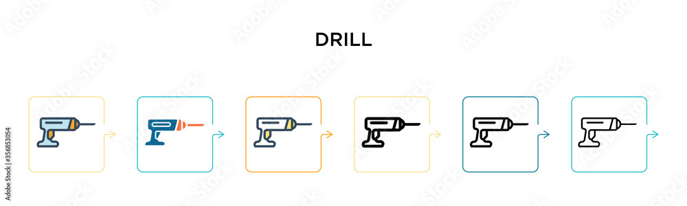 Drill vector icon in 6 different modern styles. Black, two colored drill icons designed in filled, outline, line and stroke style. Vector illustration can be used for web, mobile, ui Drill vector icon in 6 different modern styles. Black, two colored drill icons designed in filled, outline, line and stroke style. Vector illustration can be used for web, mobile, ui