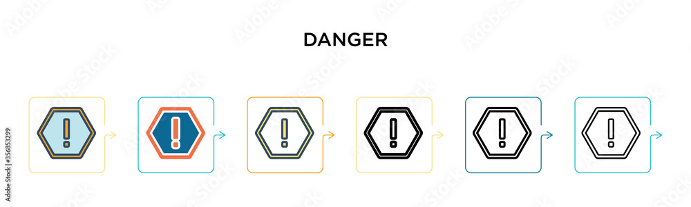 Danger vector icon in 6 different modern styles. Black, two colored danger icons designed in filled, outline, line and stroke style. Vector illustration can be used for web, mobile, ui Danger vector icon in 6 different modern styles. Black, two colored danger icons designed in filled, outline, line and stroke style. Vector illustration can be used for web, mobile, ui