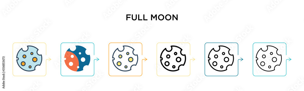Full moon vector icon in 6 different modern styles. Black, two colored full moon icons designed in filled, outline, line and stroke style. Vector illustration can be used for web, mobile, ui Full moon vector icon in 6 different modern styles. Black, two colored full moon icons designed in filled, outline, line and stroke style. Vector illustration can be used for web, mobile, ui