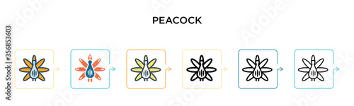 Peacock vector icon in 6 different modern styles. Black, two colored peacock icons designed in filled, outline, line and stroke style. Vector illustration can be used for web, mobile, ui