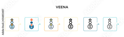 Veena vector icon in 6 different modern styles. Black, two colored veena icons designed in filled, outline, line and stroke style. Vector illustration can be used for web, mobile, ui