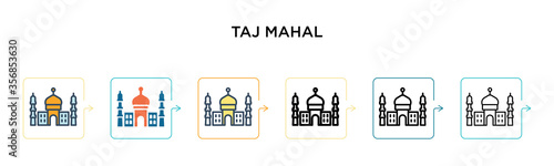 Taj mahal vector icon in 6 different modern styles. Black, two colored taj mahal icons designed in filled, outline, line and stroke style. Vector illustration can be used for web, mobile, ui