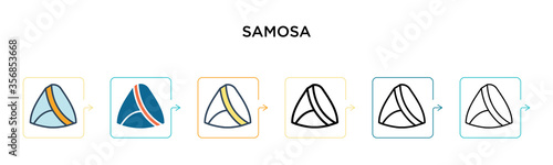 Samosa vector icon in 6 different modern styles. Black, two colored samosa icons designed in filled, outline, line and stroke style. Vector illustration can be used for web, mobile, ui