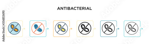 Antibacterial vector icon in 6 different modern styles. Black, two colored antibacterial icons designed in filled, outline, line and stroke style. Vector illustration can be used for web, mobile, ui
