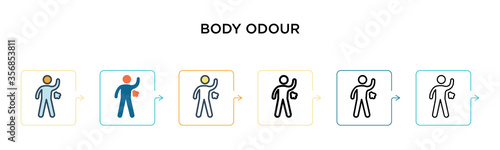 Body odour vector icon in 6 different modern styles. Black, two colored body odour icons designed in filled, outline, line and stroke style. Vector illustration can be used for web, mobile, ui