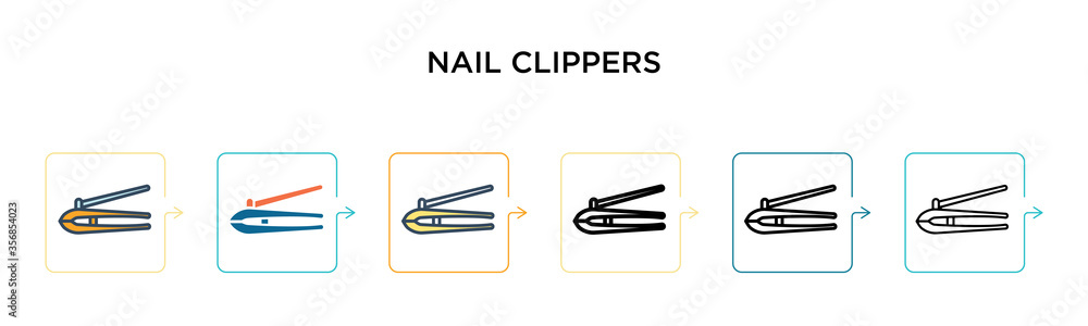 Nail clippers vector icon in 6 different modern styles. Black, two colored nail clippers icons designed in filled, outline, line and stroke style. Vector illustration can be used for web, mobile, ui