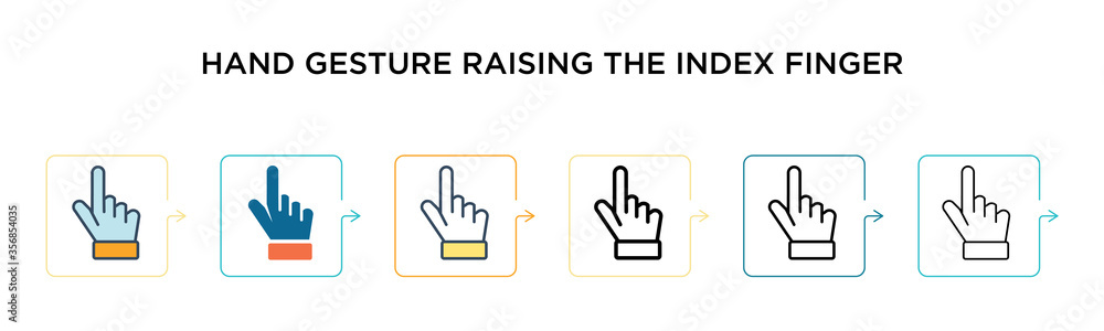 Hand gesture raising the index finger vector icon in 6 different modern styles. Black, two colored hand gesture raising the index finger icons designed in filled, outline, line and stroke style. Hand gesture raising the index finger vector icon in 6 different modern styles. Black, two colored hand gesture raising the index finger icons designed in filled, outline, line and stroke style.