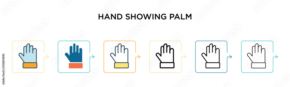 Hand showing palm vector icon in 6 different modern styles. Black, two colored hand showing palm icons designed in filled, outline, line and stroke style. Vector illustration can be used for web, Hand showing palm vector icon in 6 different modern styles. Black, two colored hand showing palm icons designed in filled, outline, line and stroke style. Vector illustration can be used for web,
