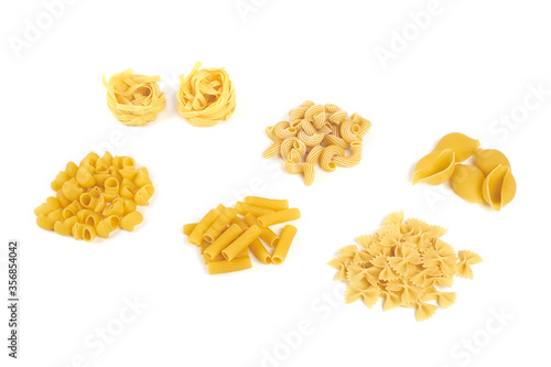 Collection of italian pasta portion isolated on white background.
