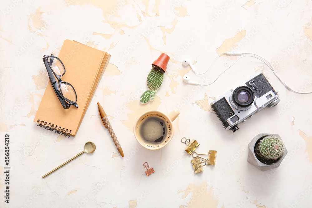 Flat lay composition with cup of coffee on white background Flat lay composition with cup of coffee on white background