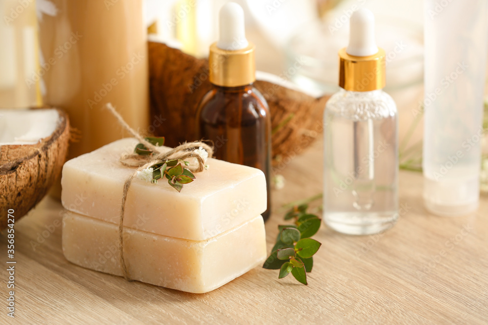 Natural cosmetics on wooden table Natural cosmetics on wooden table