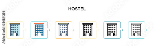 Hostel vector icon in 6 different modern styles. Black, two colored hostel icons designed in filled, outline, line and stroke style. Vector illustration can be used for web, mobile, ui