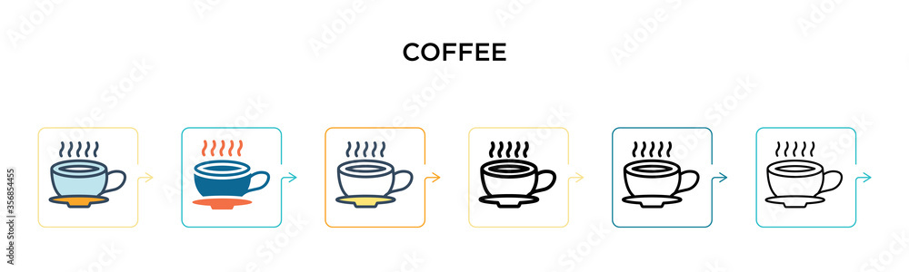 Coffee vector icon in 6 different modern styles. Black, two colored coffee icons designed in filled, outline, line and stroke style. Vector illustration can be used for web, mobile, ui Coffee vector icon in 6 different modern styles. Black, two colored coffee icons designed in filled, outline, line and stroke style. Vector illustration can be used for web, mobile, ui