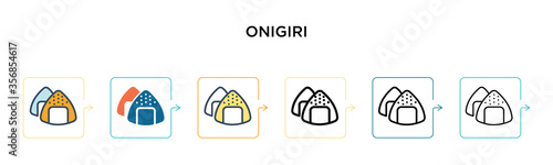Onigiri vector icon in 6 different modern styles. Black, two colored onigiri icons designed in filled, outline, line and stroke style. Vector illustration can be used for web, mobile, ui