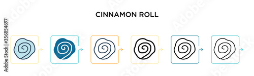 Cinnamon roll vector icon in 6 different modern styles. Black, two colored cinnamon roll icons designed in filled, outline, line and stroke style. Vector illustration can be used for web, mobile, ui
