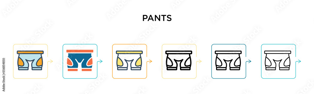 Pants vector icon in 6 different modern styles. Black, two colored pants icons designed in filled, outline, line and stroke style. Vector illustration can be used for web, mobile, ui