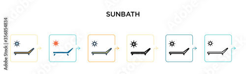 Sunbath vector icon in 6 different modern styles. Black, two colored sunbath icons designed in filled, outline, line and stroke style. Vector illustration can be used for web, mobile, ui