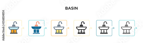 Basin vector icon in 6 different modern styles. Black, two colored basin icons designed in filled, outline, line and stroke style. Vector illustration can be used for web, mobile, ui