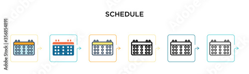 Schedule vector icon in 6 different modern styles. Black, two colored schedule icons designed in filled, outline, line and stroke style. Vector illustration can be used for web, mobile, ui