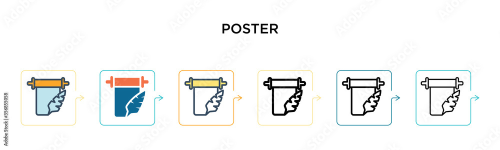 Poster vector icon in 6 different modern styles. Black, two colored poster icons designed in filled, outline, line and stroke style. Vector illustration can be used for web, mobile, ui