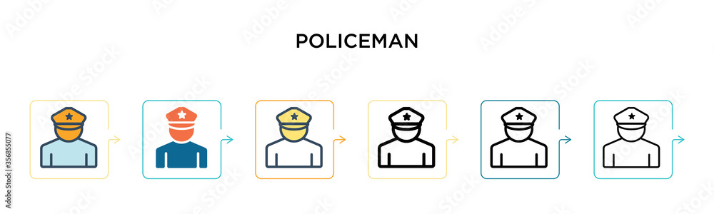 Policeman vector icon in 6 different modern styles. Black, two colored policeman icons designed in filled, outline, line and stroke style. Vector illustration can be used for web, mobile, ui Policeman vector icon in 6 different modern styles. Black, two colored policeman icons designed in filled, outline, line and stroke style. Vector illustration can be used for web, mobile, ui