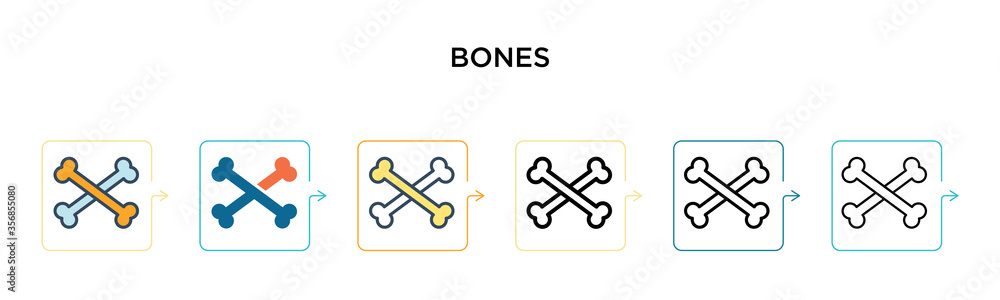 Bones vector icon in 6 different modern styles. Black, two colored bones icons designed in filled, outline, line and stroke style. Vector illustration can be used for web, mobile, ui Bones vector icon in 6 different modern styles. Black, two colored bones icons designed in filled, outline, line and stroke style. Vector illustration can be used for web, mobile, ui