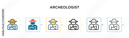 Archeologist vector icon in 6 different modern styles. Black, two colored archeologist icons designed in filled, outline, line and stroke style. Vector illustration can be used for web, mobile, ui