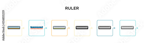 Ruler vector icon in 6 different modern styles. Black, two colored ruler icons designed in filled, outline, line and stroke style. Vector illustration can be used for web, mobile, ui