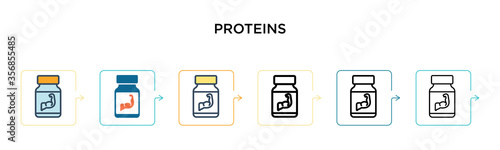 Proteins vector icon in 6 different modern styles. Black, two colored proteins icons designed in filled, outline, line and stroke style. Vector illustration can be used for web, mobile, ui