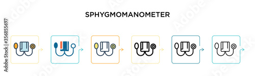 Sphygmomanometer vector icon in 6 different modern styles. Black, two colored sphygmomanometer icons designed in filled, outline, line and stroke style. Vector illustration can be used for web,