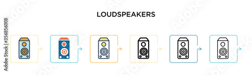 Loudspeakers vector icon in 6 different modern styles. Black, two colored loudspeakers icons designed in filled, outline, line and stroke style. Vector illustration can be used for web, mobile, ui