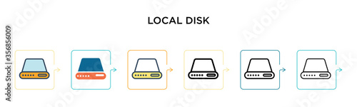 Local disk vector icon in 6 different modern styles. Black, two colored local disk icons designed in filled, outline, line and stroke style. Vector illustration can be used for web, mobile, ui