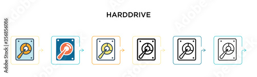 Harddrive vector icon in 6 different modern styles. Black, two colored harddrive icons designed in filled, outline, line and stroke style. Vector illustration can be used for web, mobile, ui