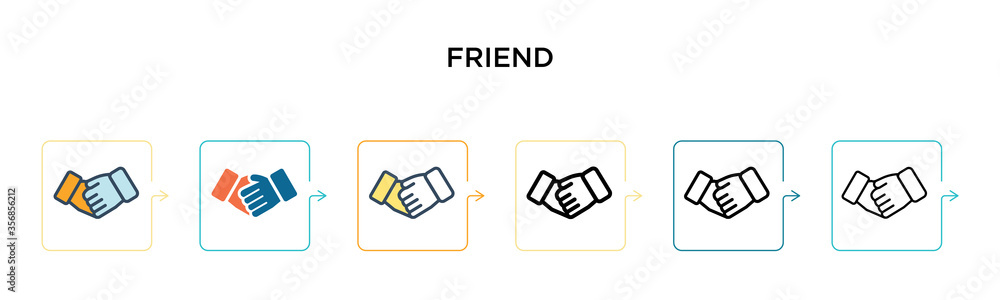 Friend vector icon in 6 different modern styles. Black, two colored friend icons designed in filled, outline, line and stroke style. Vector illustration can be used for web, mobile, ui Friend vector icon in 6 different modern styles. Black, two colored friend icons designed in filled, outline, line and stroke style. Vector illustration can be used for web, mobile, ui