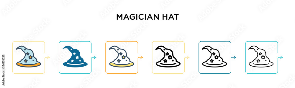 Magician hat vector icon in 6 different modern styles. Black, two colored magician hat icons designed in filled, outline, line and stroke style. Vector illustration can be used for web, mobile, ui Magician hat vector icon in 6 different modern styles. Black, two colored magician hat icons designed in filled, outline, line and stroke style. Vector illustration can be used for web, mobile, ui