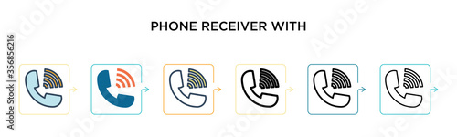 Phone receiver with signal vector icon in 6 different modern styles. Black, two colored phone receiver with signal icons designed in filled, outline, line and stroke style. Vector illustration can be