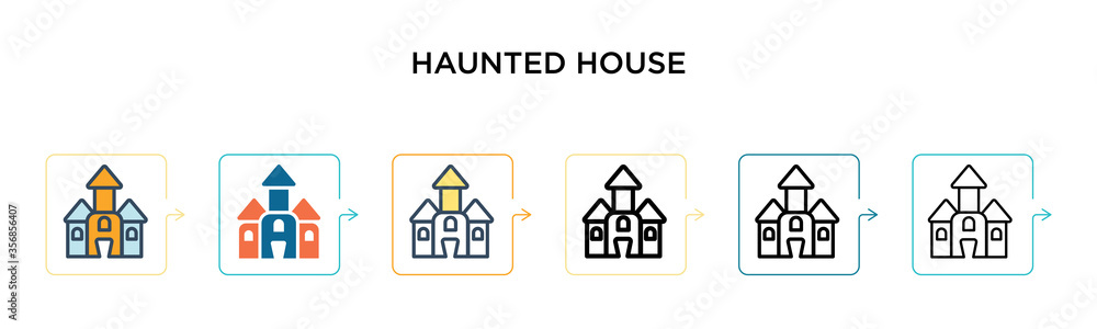 Haunted house vector icon in 6 different modern styles. Black, two colored haunted house icons designed in filled, outline, line and stroke style. Vector illustration can be used for web, mobile, ui