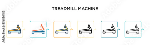 Treadmill machine vector icon in 6 different modern styles. Black, two colored treadmill machine icons designed in filled, outline, line and stroke style. Vector illustration can be used for web,