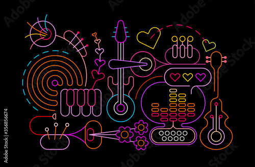 Neon colors isolated on a black background Abstract Music Art vector illustration. Design of colored silhouettes of different musical instruments.