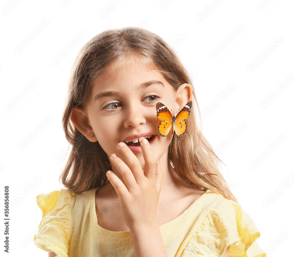 Cute little girl with butterfly on white background Cute little girl with butterfly on white background